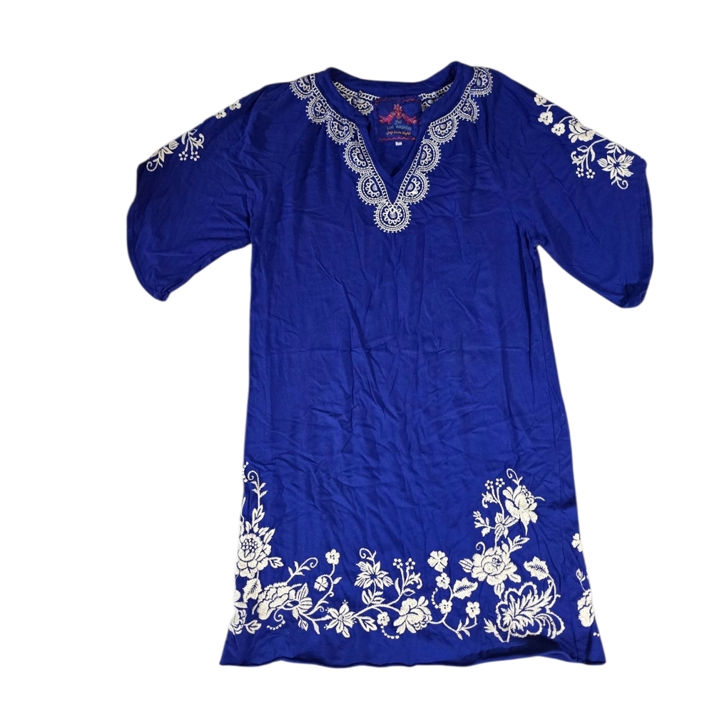 Johnny Was Joy Love Blue/White Embroidered Dress Tunic Size S V-Neck